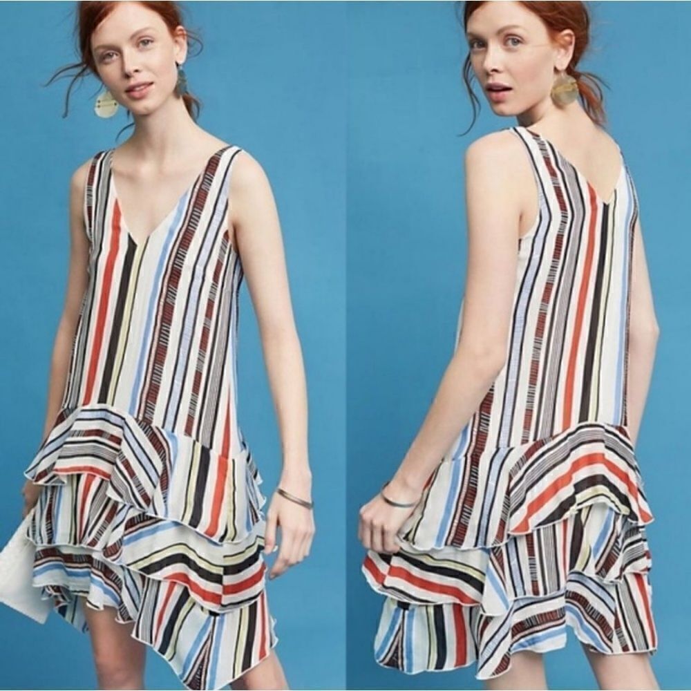 Anthropologie Eva Franco‎ Milana Striped Dress Tiered Drop Waist Rainbow Size 10